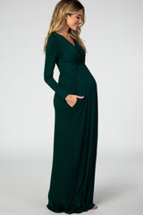 Green Long Sleeve Maternity Nursing Maxi Dress