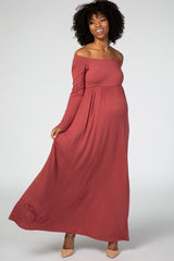 Rust Off Shoulder Long Sleeve Maternity Maxi Dress