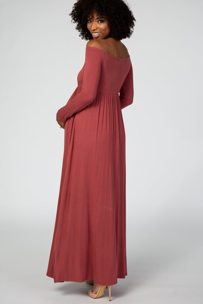 Rust Off Shoulder Long Sleeve Maternity Maxi Dress– PinkBlush