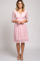 Light Pink 3/4 Sleeve Floral Lace Maternity Nursing Dress
