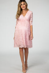 Light Pink 3/4 Sleeve Floral Lace Maternity Nursing Dress