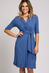 Blue 3/4 Sleeve V-Neck Front Tie Dress