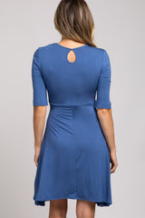 Blue 3/4 Sleeve V-Neck Front Tie Dress
