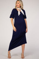 Navy Blue Button Ruffle Sleeve Maternity Maxi Dress