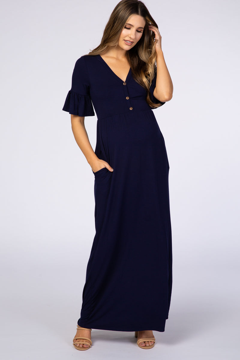Navy Blue Button Ruffle Sleeve Maternity Maxi Dress– PinkBlush