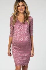 Mauve 3/4 Sleeve Lace Floral Maternity Dress
