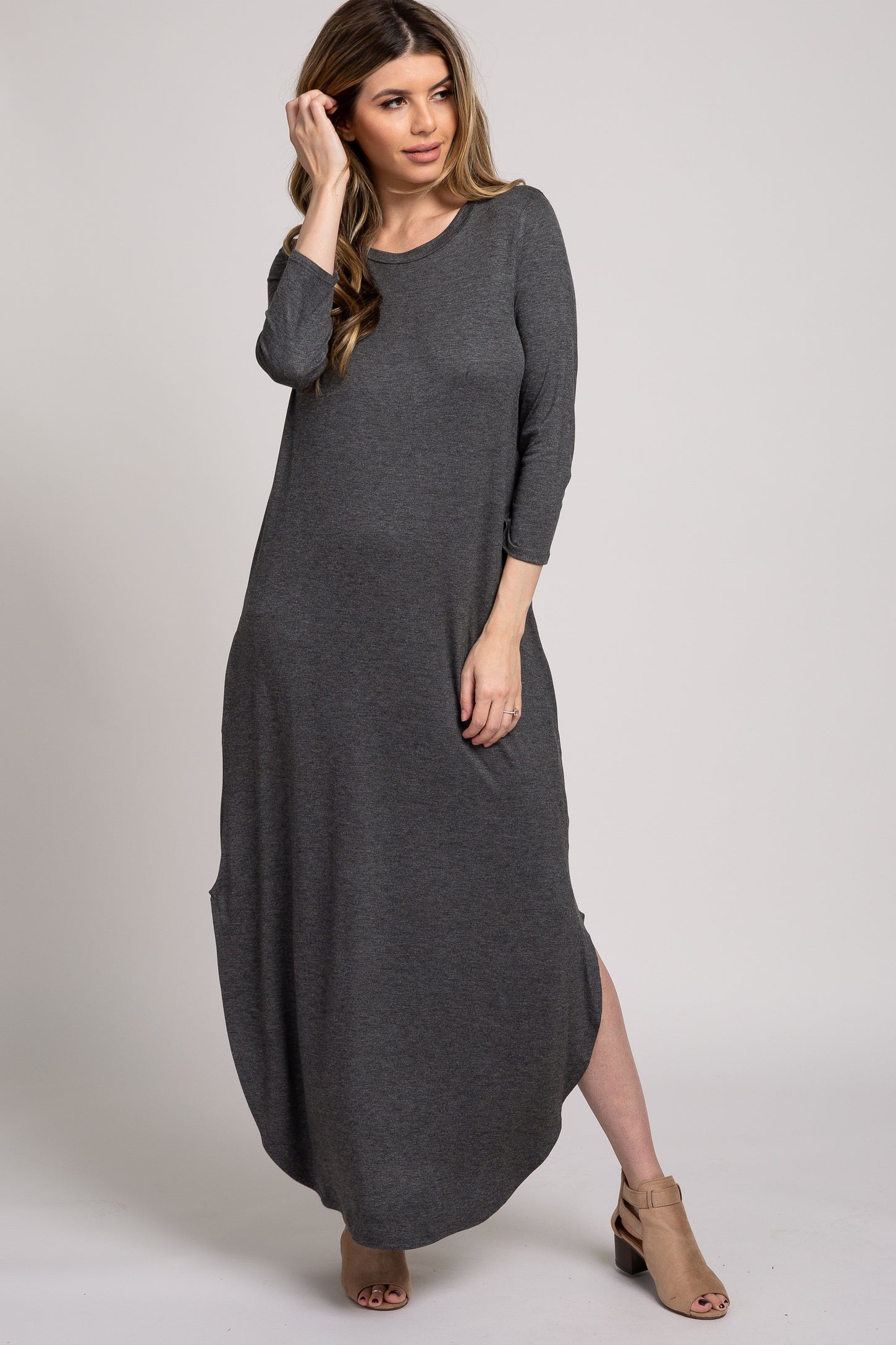 Charcoal 3/4 Sleeve Side Slit Maxi Dress