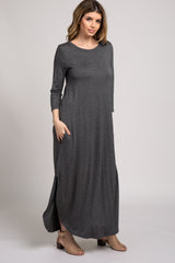 Charcoal 3/4 Sleeve Side Slit Maxi Dress