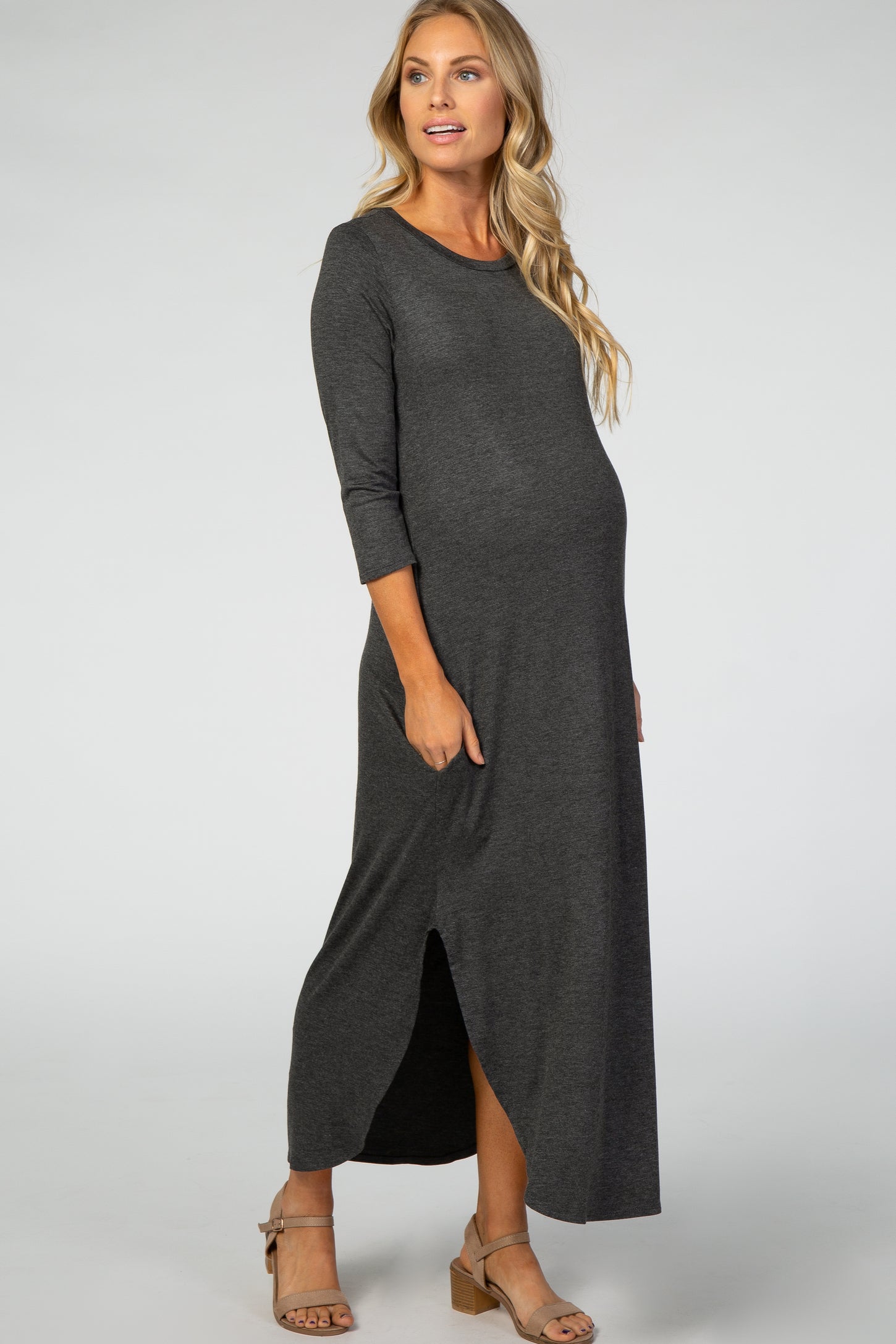 Charcoal 3/4 Sleeve Side Slit Maternity Maxi Dress