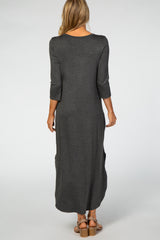 Charcoal 3/4 Sleeve Side Slit Maternity Maxi Dress
