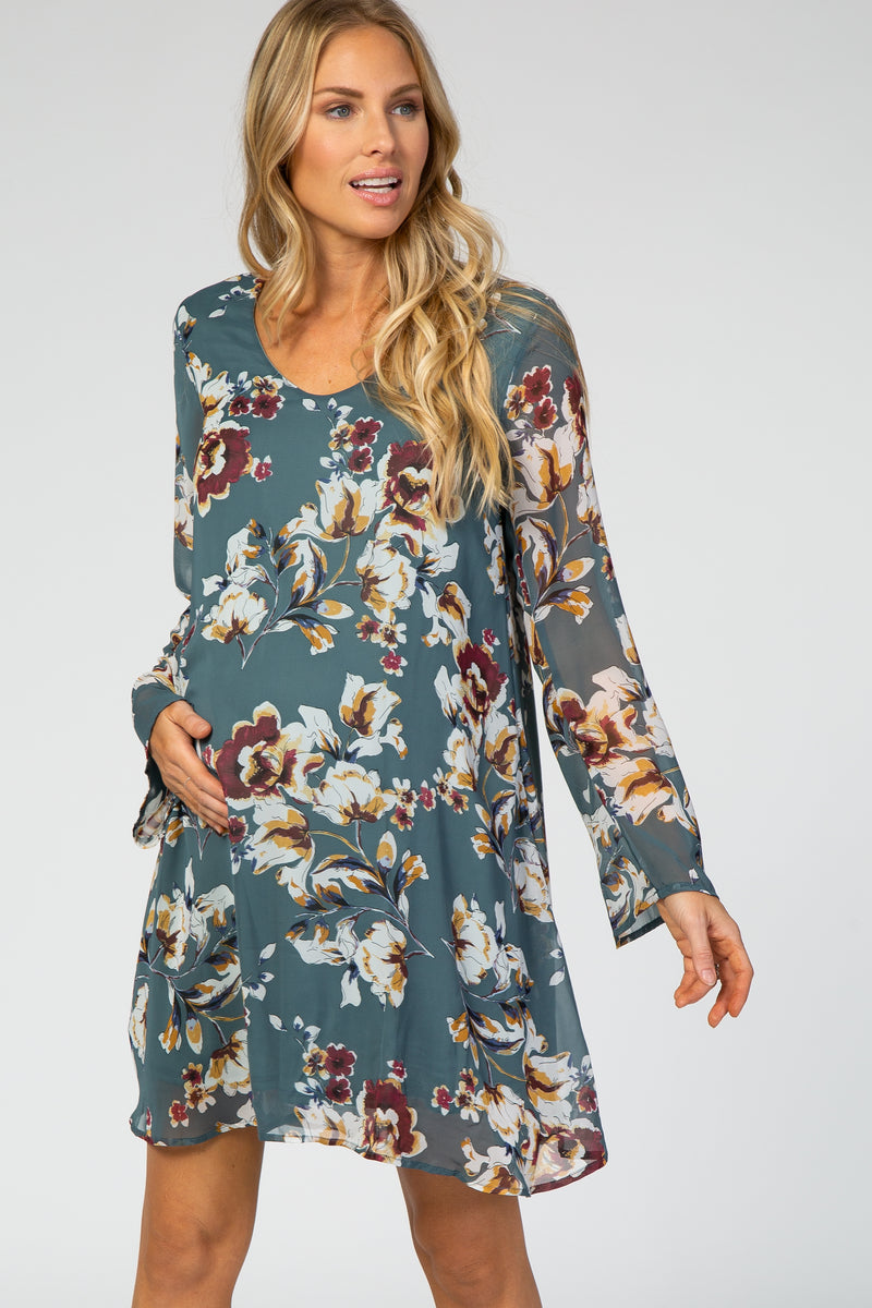 Teal Long Sleeve Floral Chiffon Maternity Dress – PinkBlush