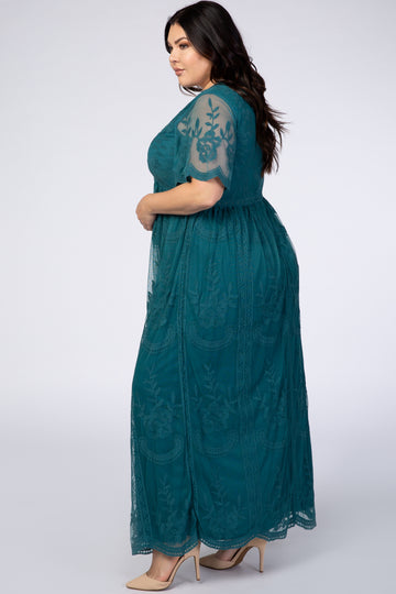 PinkBlush Teal Lace Mesh Overlay Plus Maxi Dress