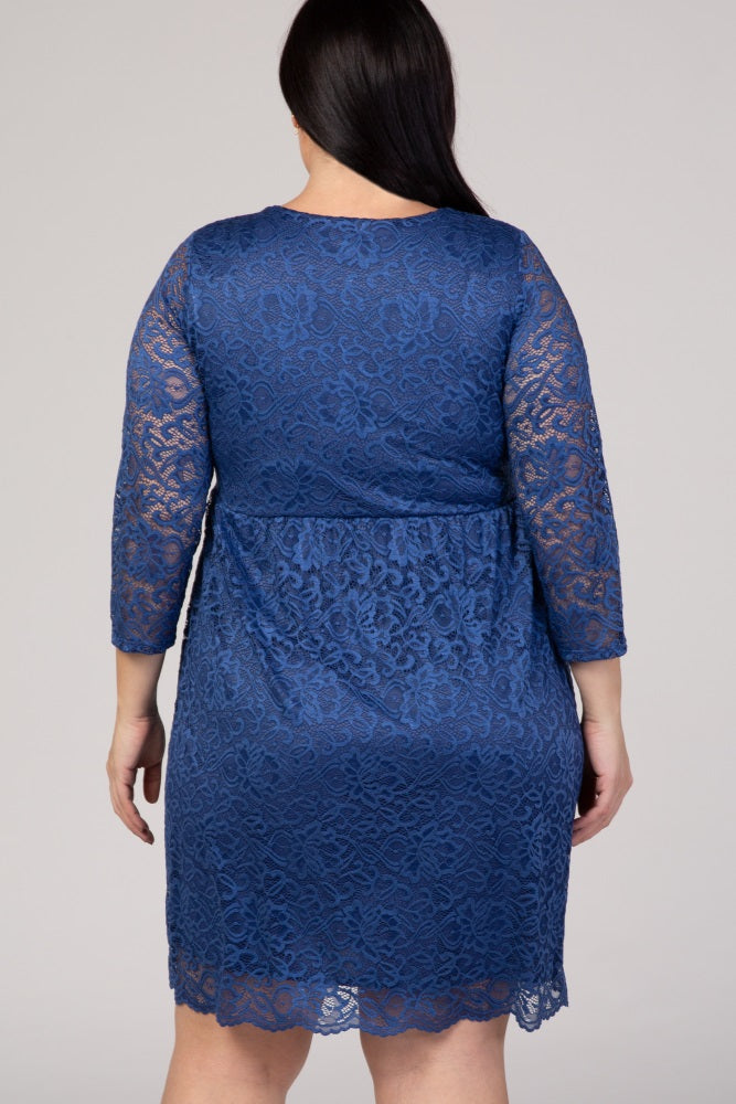 Blue Lace Overlay Plus Wrap Dress