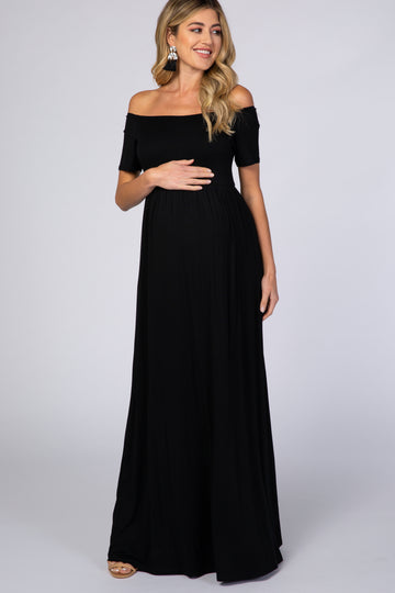 PinkBlush Black Off The Shoulder Short Sleeve Maternity Maxi Dress