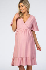 PinkBlush Mauve Textured Polka Dot Ruffle Hem Short Sleeve Maternity Dress