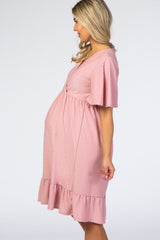 PinkBlush Mauve Textured Polka Dot Ruffle Hem Short Sleeve Maternity Dress