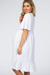 PinkBlush White Textured Polka Dot Ruffle Hem Short Sleeve Maternity Dress