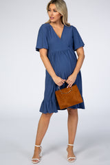 PinkBlush Blue Textured Polka Dot Ruffle Hem Short Sleeve Maternity Dress