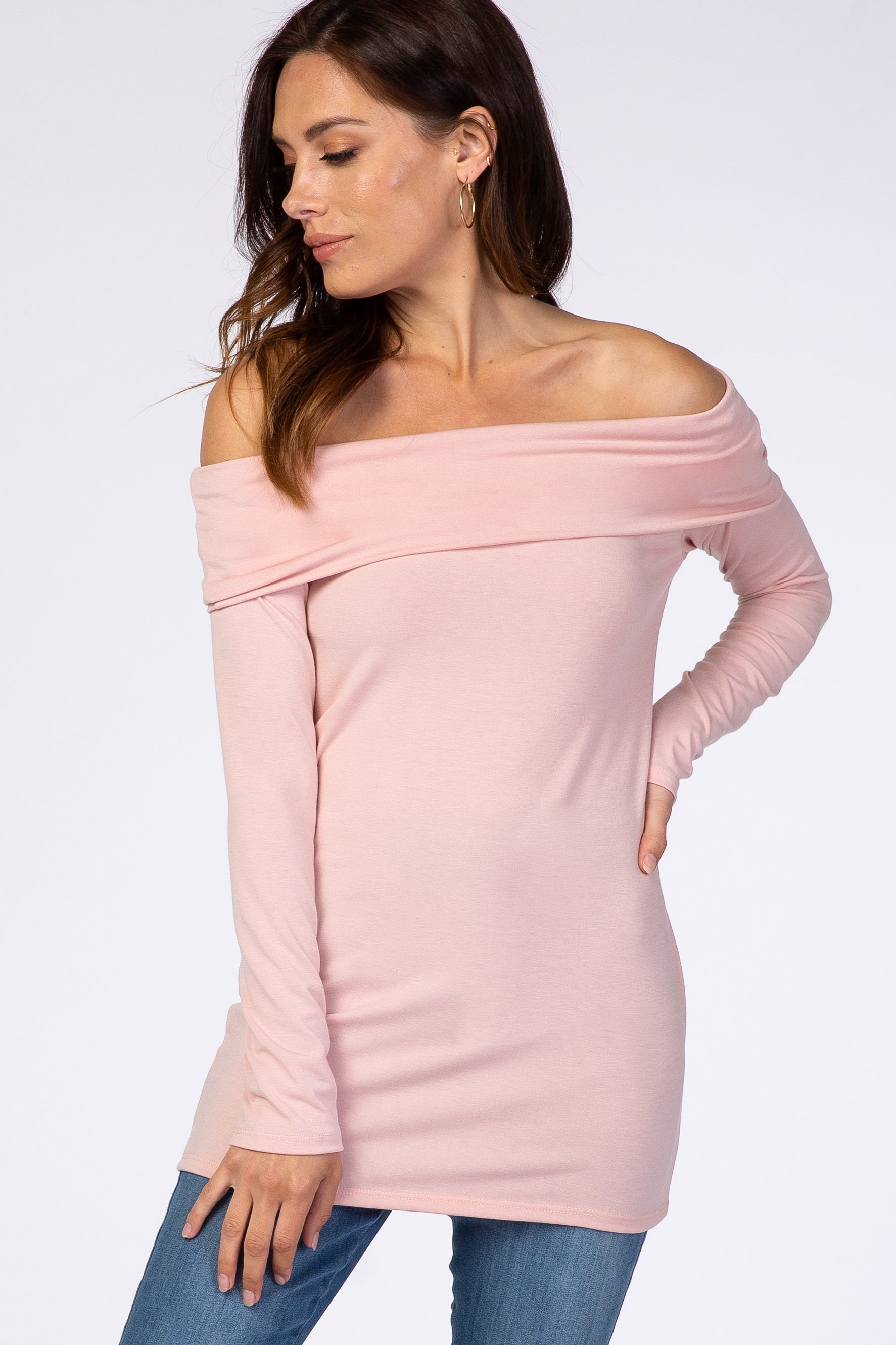 Women's Off Shoulder Top - Lace Border / Long Sleeves / Pink