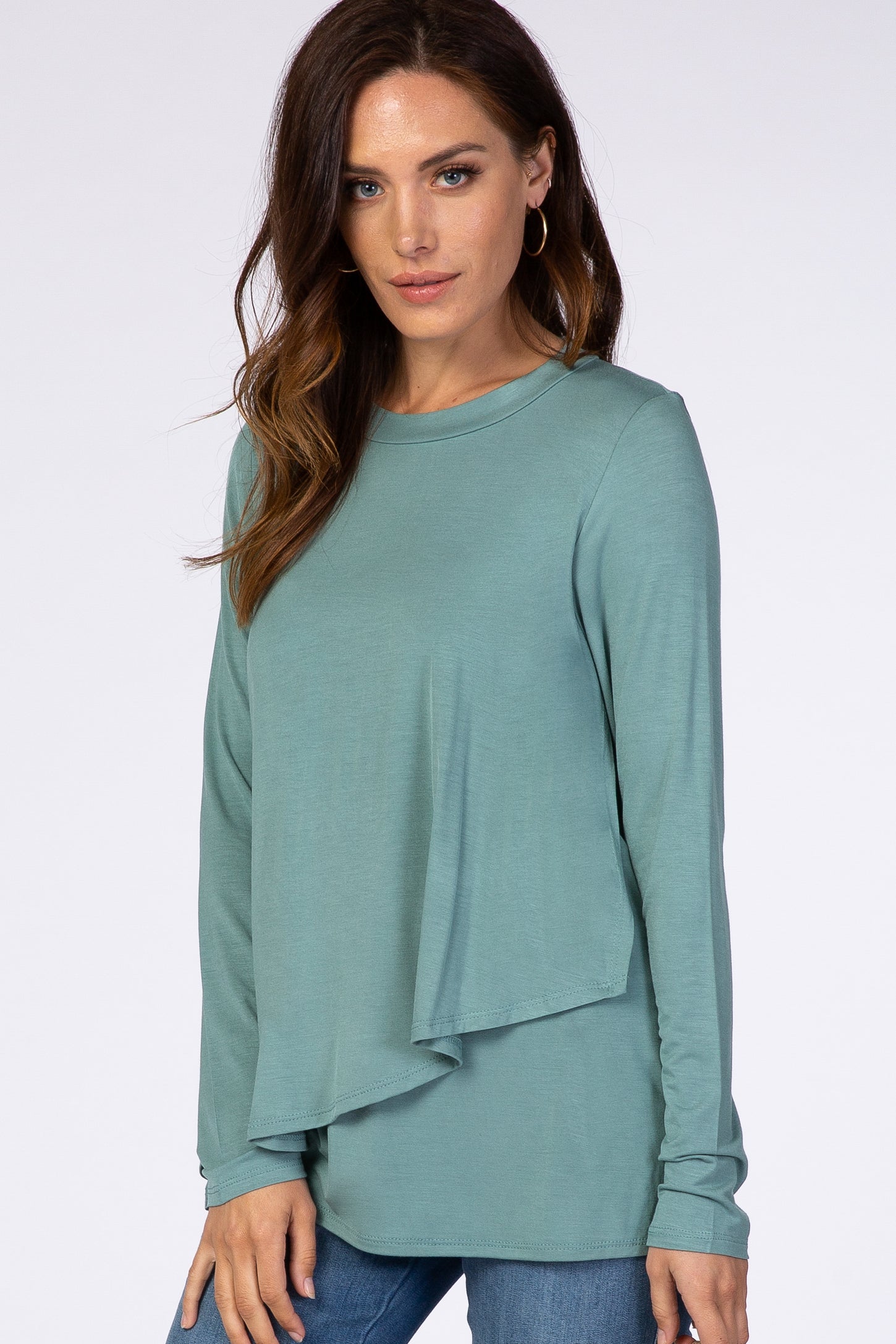 PinkBlush Light Olive Solid Layered Front Long Sleeve Nursing Top