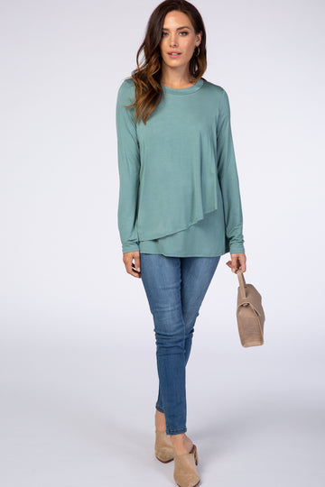 PinkBlush Light Olive Solid Layered Front Long Sleeve Nursing Top