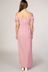 PinkBlush Mauve Off Shoulder Textured Polka Dot Short Sleeve Maternity Maxi Dress