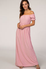 PinkBlush Mauve Off Shoulder Textured Polka Dot Short Sleeve Maternity Maxi Dress