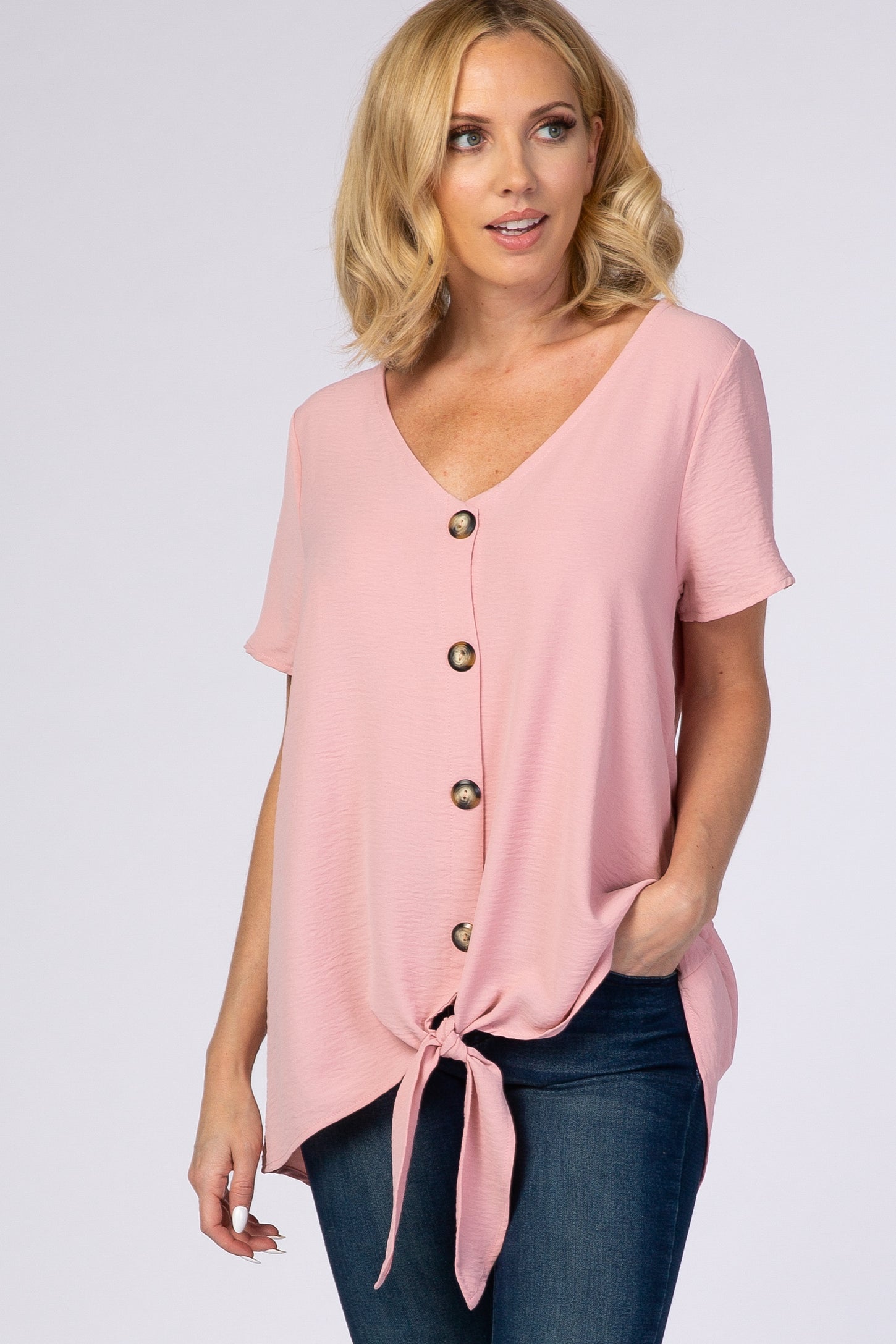 Light Pink Button Tie Front Maternity Top