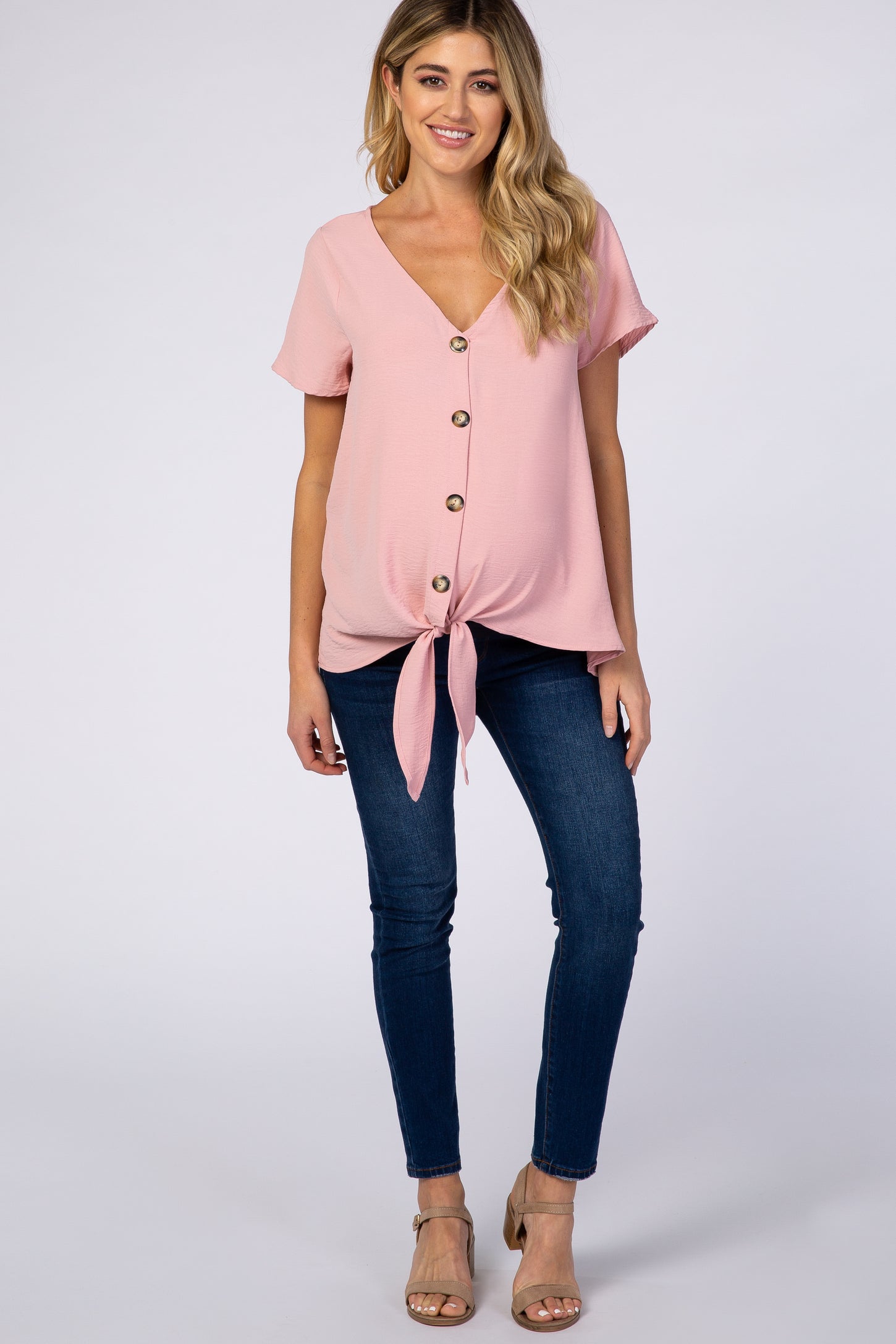 Light Pink Button Tie Front Maternity Top