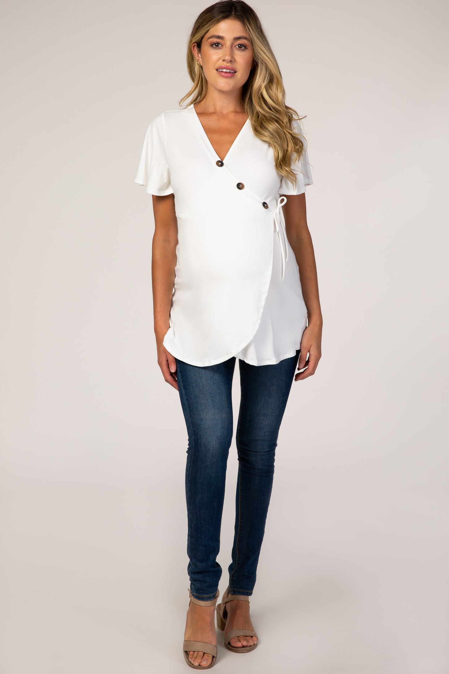 PinkBlush White Short Sleeve Button Accent Wrap Maternity/Nursing Top