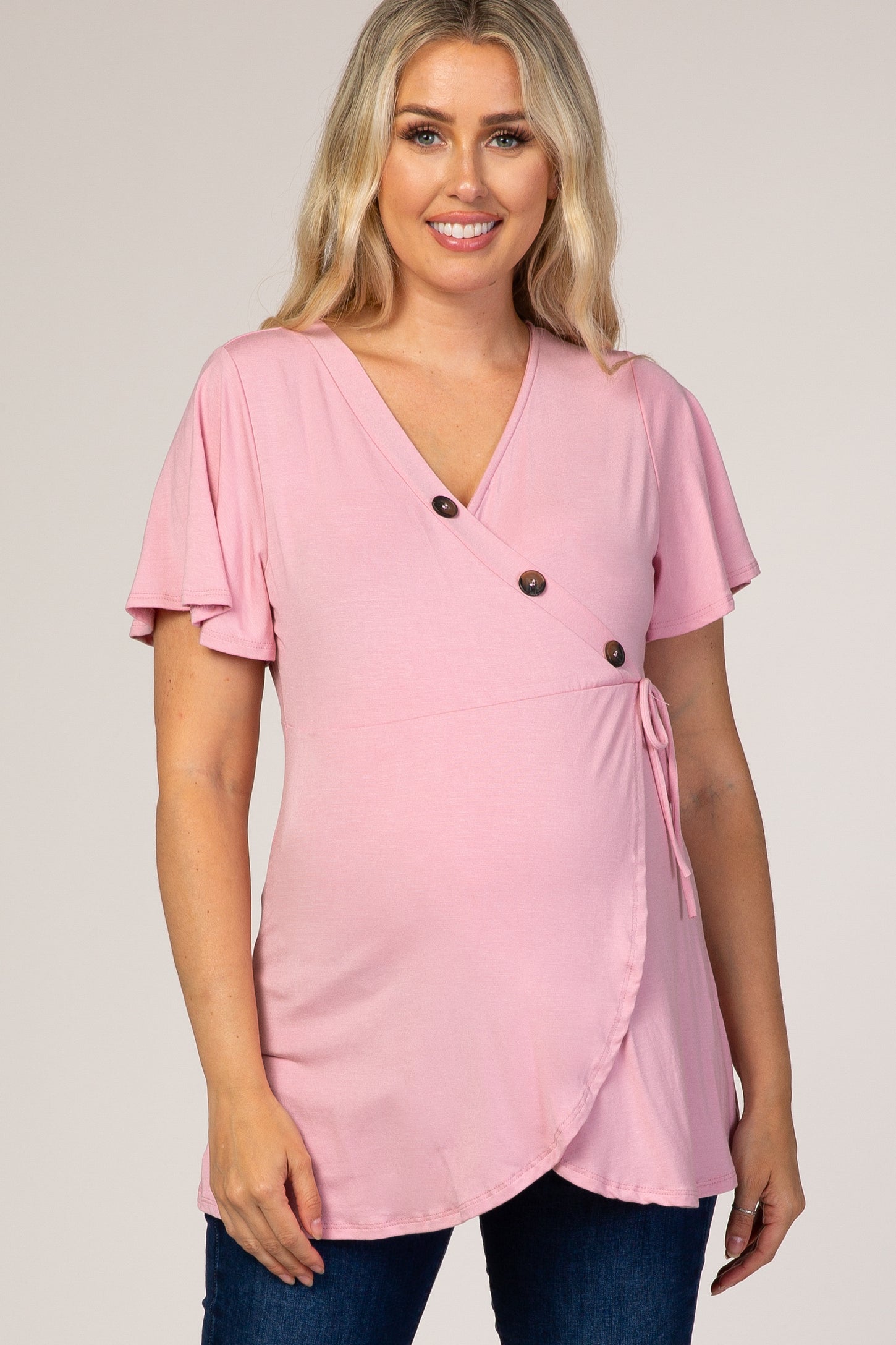 PinkBlush Mauve Short Sleeve Button Accent Wrap Maternity/Nursing Top