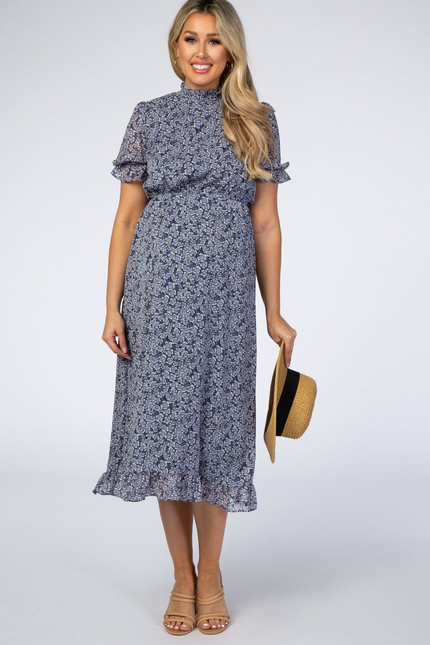 Navy Floral Smocked Neck Maternity Midi Dress – PinkBlush