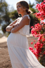 White Swiss Dot Tiered Maternity Maxi Dress