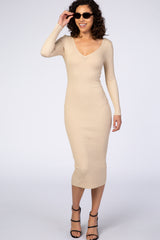 Taupe V-Neck Long Sleeve Fitted Maxi Dress