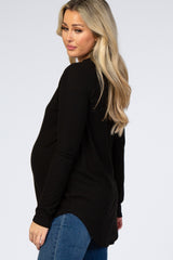 Black Long Sleeve Round Hem Textured Maternity Top