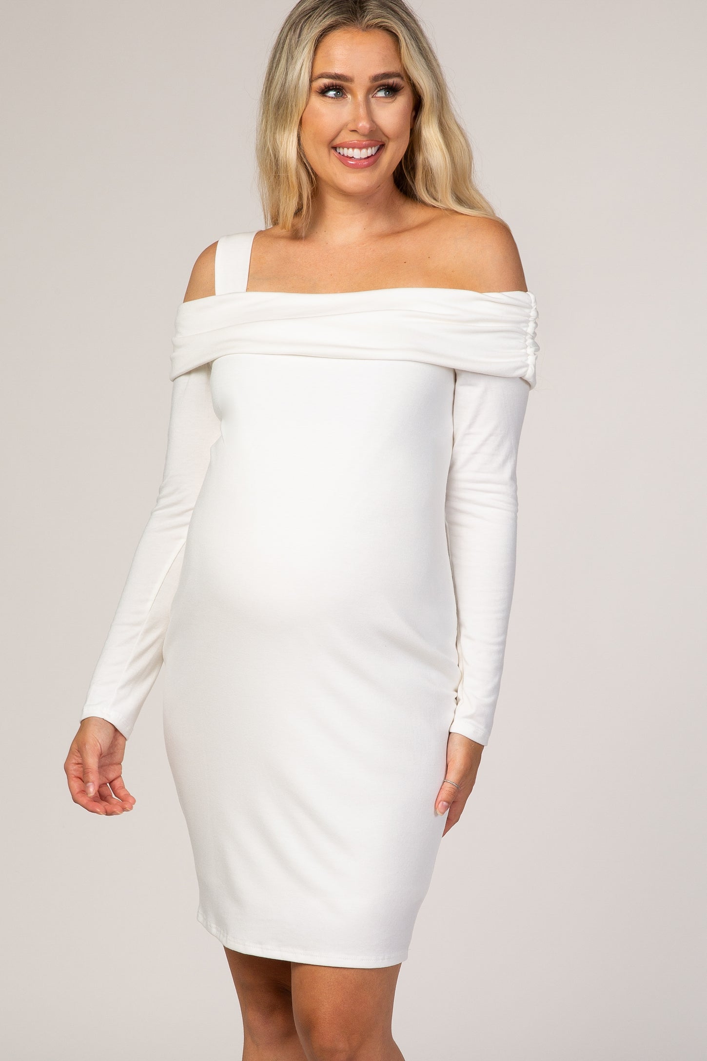 PinkBlush Ivory Fitted One Shoulder Maternity Dress