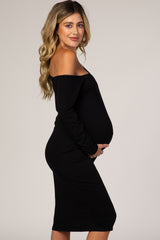 PinkBlush Black One Shoulder Fitted Midi Maternity Dress