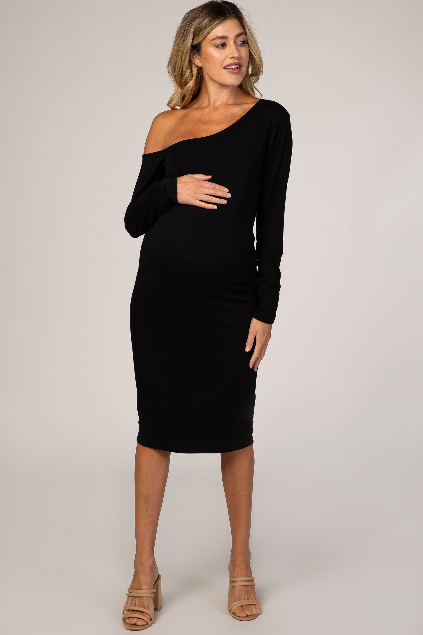 PinkBlush Black One Shoulder Fitted Midi Maternity Dress