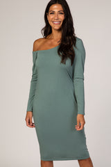 PinkBlush Dusty Green One Shoulder Fitted Midi Dress