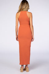 Rust Ribbed Halter Neck Fitted Maternity Maxi Dress