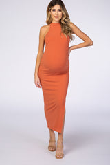 Rust Ribbed Halter Neck Fitted Maternity Maxi Dress