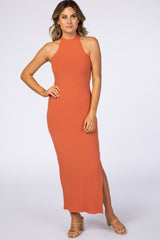 Rust Ribbed Halter Neck Fitted Maxi Dress