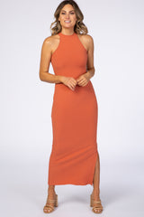 Rust Ribbed Halter Neck Fitted Maxi Dress