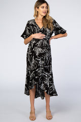 Black Leaf Print Hi-Low Wrap Maternity Midi Dress