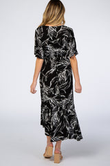 Black Leaf Print Hi-Low Wrap Maternity Midi Dress