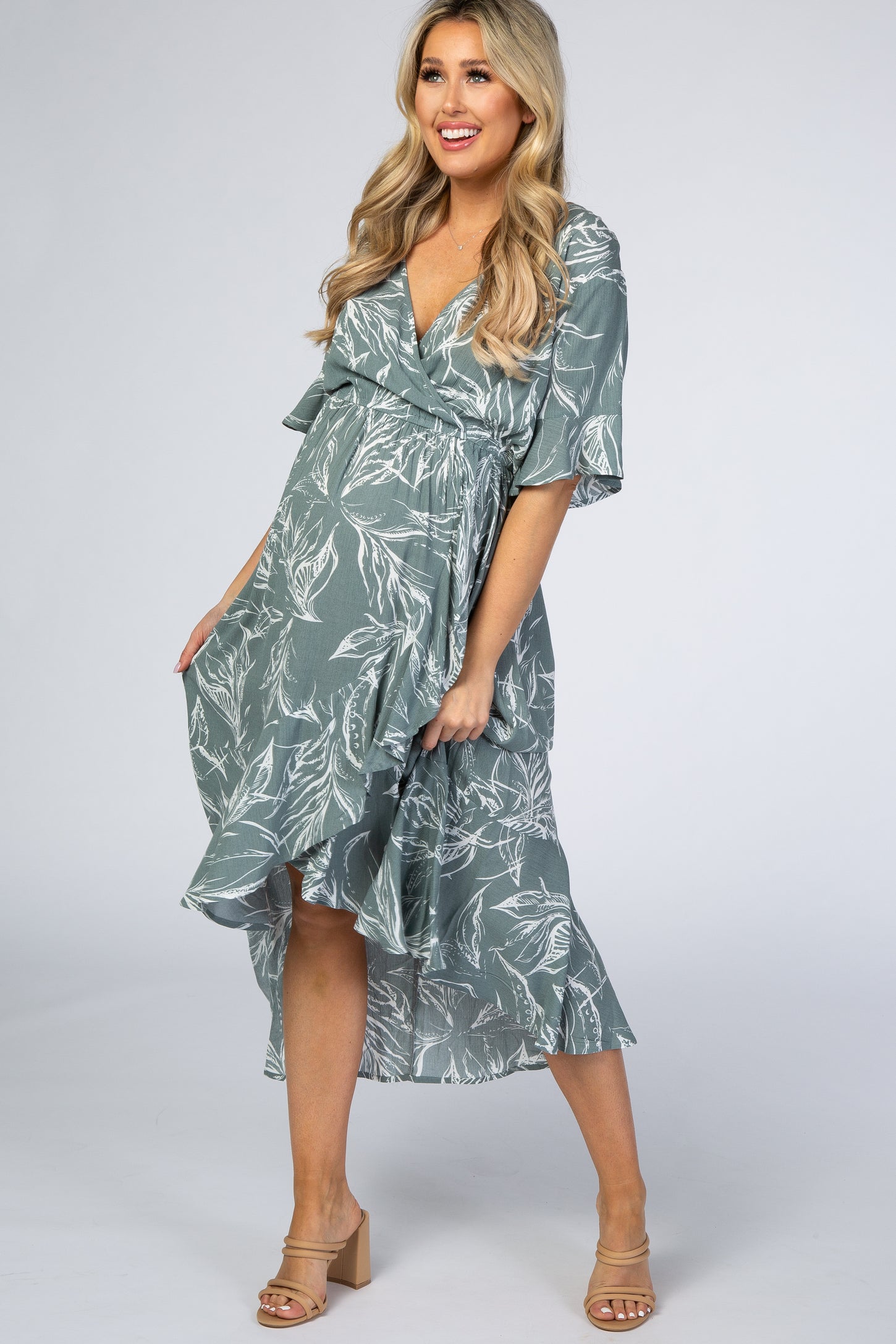 Sage Leaf Print Hi-Low Wrap Maternity Midi Dress– PinkBlush