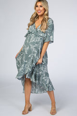 Sage Leaf Print Hi-Low Wrap Maternity Midi Dress