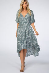 Sage Leaf Print Hi-Low Wrap Maternity Midi Dress