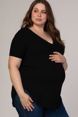 Black V-Neck Short Sleeve Maternity Plus Top