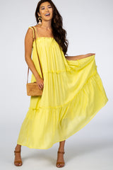 Yellow Tie Strap Ruffle Maternity Maxi Dress